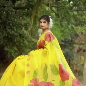 Hand-Printed Half-Silk Saree with Artisanal Cotton Detailing