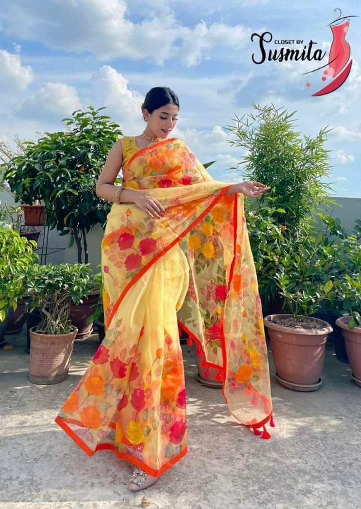 Hand-Printed Half-Silk Saree with Artisanal Cotton Detailing % Hand-Printed Half-Silk Saree with Artisanal Cotton Detailing