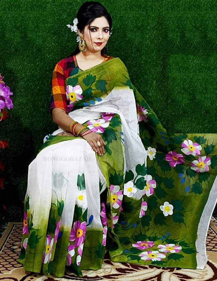 Hand-Printed Half Silk Saree with Elegant Wool Embroidery – Premium Quality % Hand-Printed Half Silk Saree with Elegant Wool Embroidery – Premium Quality