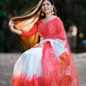 Hand-Printed Half Silk Saree with Exquisite Cotton Detailing