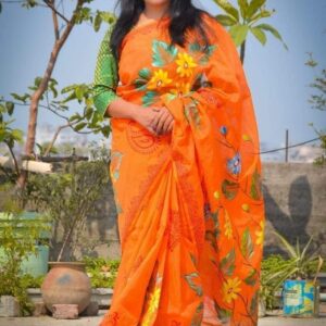 Hand-Printed Half Silk Saree with Exquisite Cotton Detailing