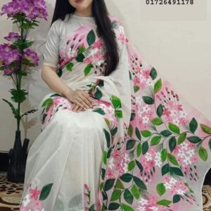 Hand-Printed Half-Silk Saree with Exquisite Cotton Detailing