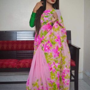 Hand-Printed Half-Silk Saree with Exquisite Cotton Detailing