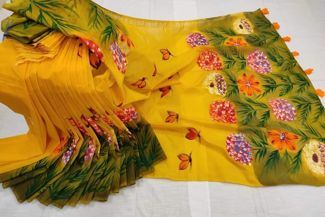Hand-Printed Half Silk Saree with Exquisite Cotton Detailing - Findshob % Hand-Printed Half Silk Saree with Exquisite Cotton Detailing - Findshob