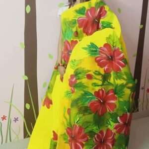 Hand-Printed Half Silk Saree with Exquisite Cotton Embroidery