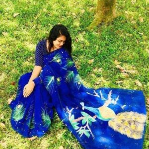 Hand-Printed Half-Silk Saree with Exquisite Embroidery Design