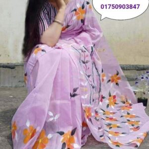 Hand-Printed Half-Silk Saree with Exquisite Floral Design