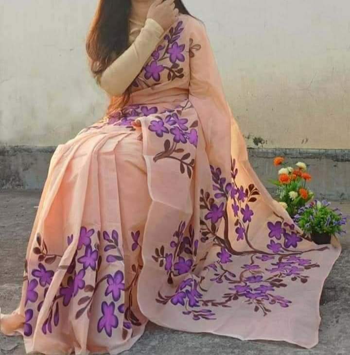 Hand-Printed Half Silk Saree with Exquisite Floral Embroidery % Hand-Printed Half Silk Saree with Exquisite Floral Embroidery