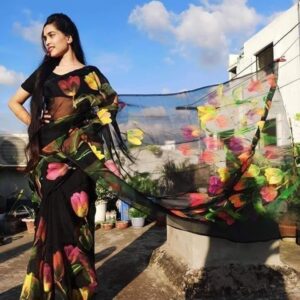 Hand-Printed Half Silk Saree with Exquisite Thread Work - Elegant Style
