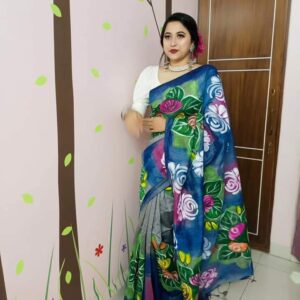 Hand-Printed Half-Silk Saree with Exquisite Wool Embroidery