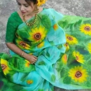 Hand-Printed Half-Silk Saree with Exquisite Wool Embroidery