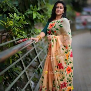 Hand-Printed Half Silk Saree with Exquisite Wool Embroidery