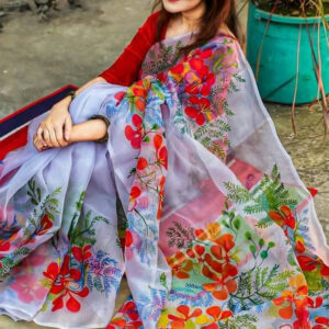 Hand-Printed Half Silk Saree with Exquisite Wool Embroidery