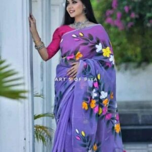 Hand-Printed Half-Silk Saree with Exquisite Wool Embroidery