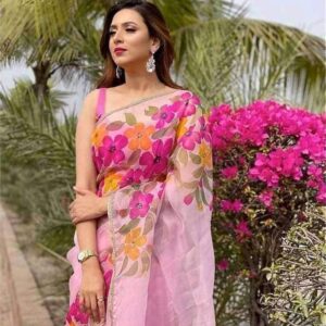 Hand-Printed Half Silk Saree with Exquisite Wool Embroidery