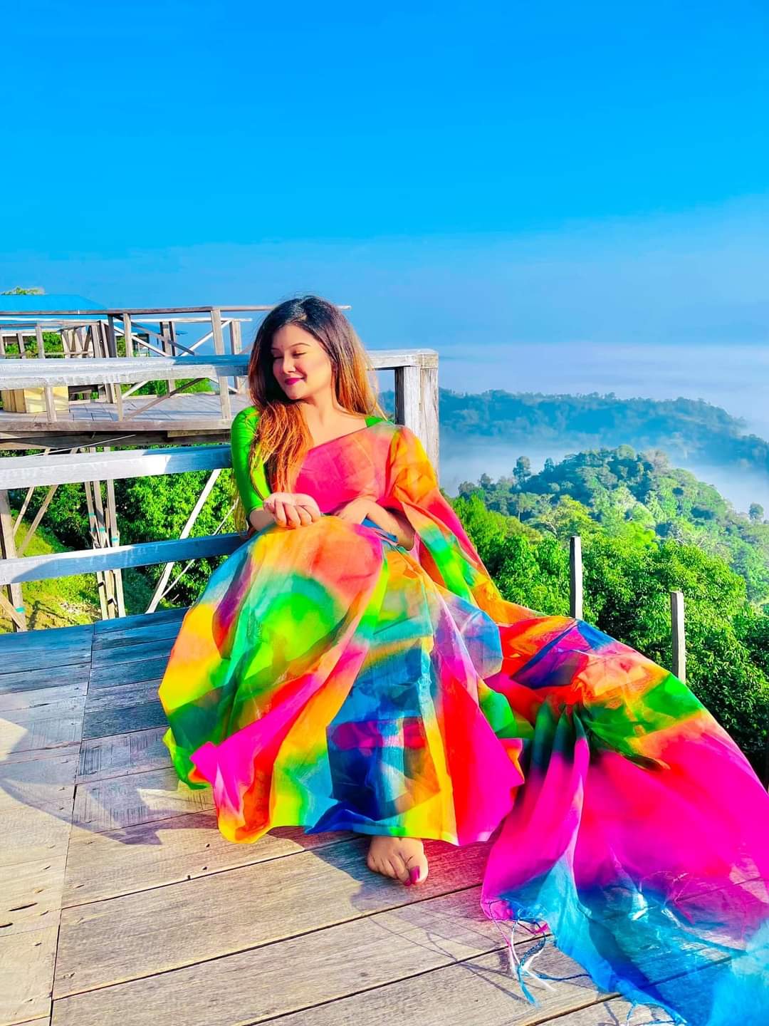 Hand-Printed Half Silk Saree with Exquisite Wool Embroidery % Hand-Printed Half Silk Saree with Exquisite Wool Embroidery