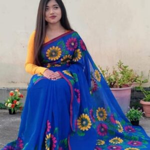 Hand-Printed Half Silk Saree with Intricate Cotton Detailing
