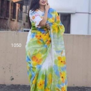 Hand-Printed Half Silk Saree with Intricate Cotton Embroidery