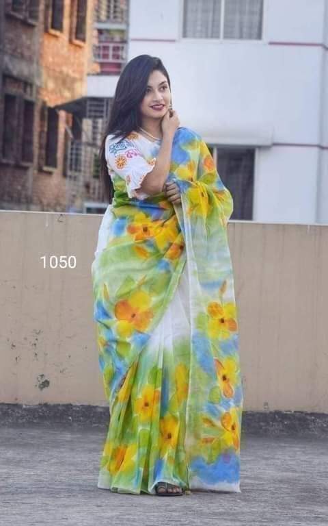 Hand-Printed Half Silk Saree with Intricate Cotton Embroidery % Hand-Printed Half Silk Saree with Intricate Cotton Embroidery