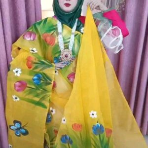 Hand-Printed Half Silk Saree with Intricate Floral Designs