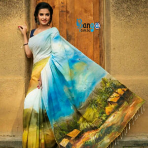 Hand-Printed Half-Silk Saree with Intricate Thread Work - Elegant Style