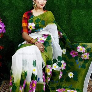 Hand-Printed Half-Silk Saree with Intricate Wool Embroidery – Elegant Designs
