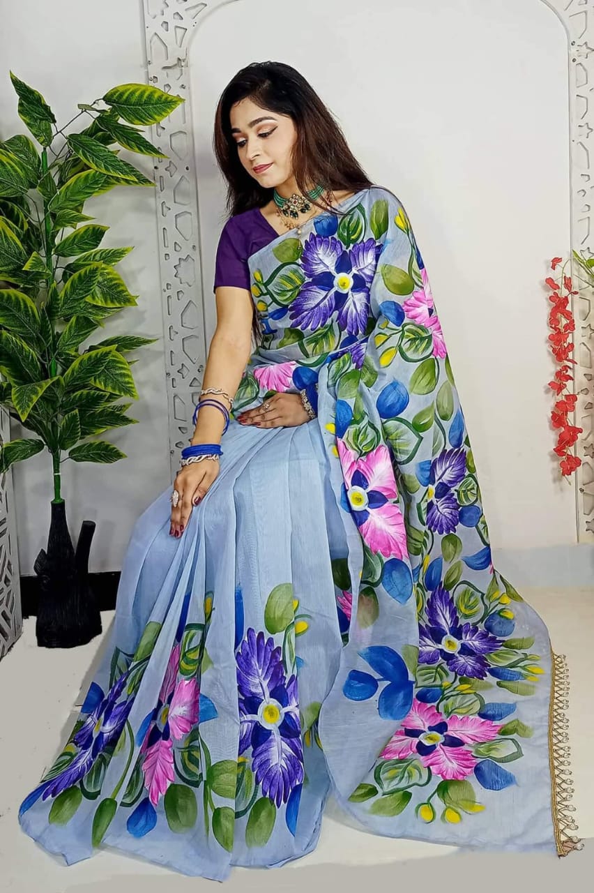 Hand-Printed Half Silk Saree with Luxurious Cotton Detailing % Hand-Printed Half Silk Saree with Luxurious Cotton Detailing