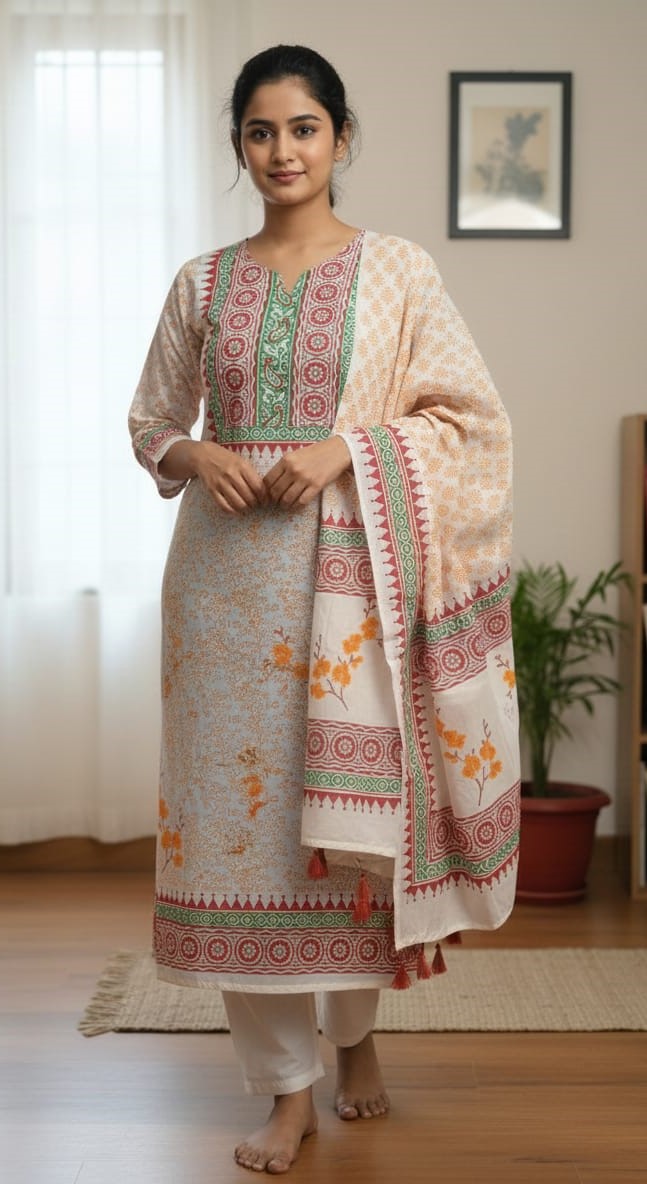 Handcrafted Block Print 3-Piece Set – Elegant Style for Every Occasion % Handcrafted Block Print 3-Piece Set – Elegant Style for Every Occasion