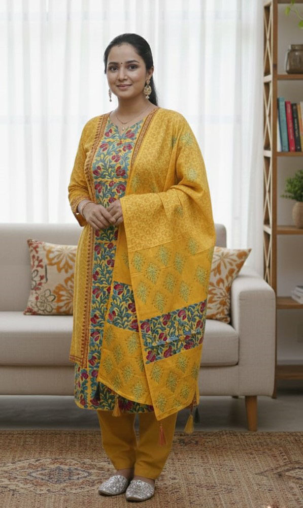 Handcrafted Block Print Three-Piece Set - Elegant and Versatile Outfit % Handcrafted Block Print Three-Piece Set - Elegant and Versatile Outfit