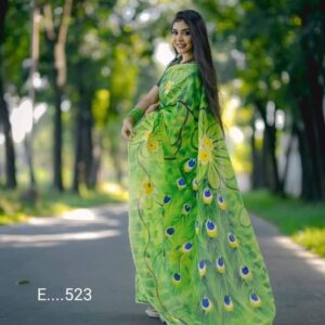 Handcrafted Half-Silk Saree with Artisan Cotton Print Detailing