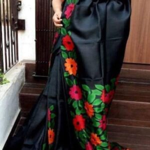 Handcrafted Half-Silk Saree with Artisan Printed Wool Detailing