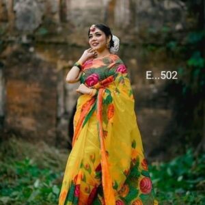 Handcrafted Half Silk Saree with Artistic Cotton Print Design