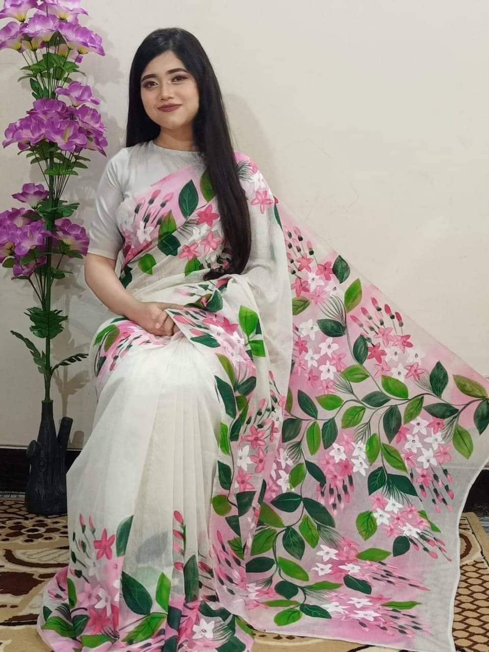 Handcrafted Half Silk Saree with Artistic Cotton Print Design % Handcrafted Half Silk Saree with Artistic Cotton Print Design
