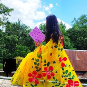 Handcrafted Half Silk Saree with Artistic Cotton Print Design