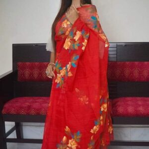 Handcrafted Half Silk Saree with Artistic Cotton Print Design