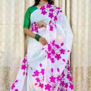 Handcrafted Half-Silk Saree with Artistic Cotton Prints - Elegant & Unique