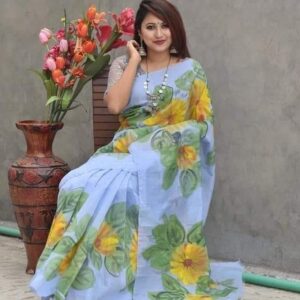 Handcrafted Half-Silk Saree with Artistic Hand-Printed Design