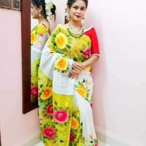 Handcrafted Half-Silk Saree with Artistic Hand-Printed Design