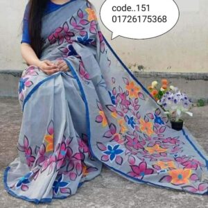 Handcrafted Half-Silk Saree with Artistic Handprint Embroidery