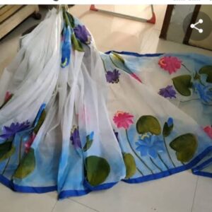 Handcrafted Half-Silk Saree with Artistic Print and Elegant Embroidery