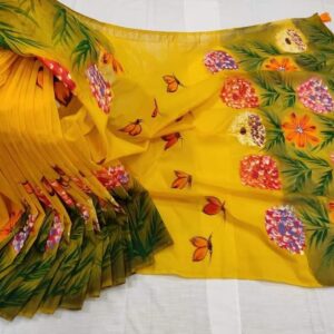 Handcrafted Half-Silk Saree with Artistic Print and Embroidered Details