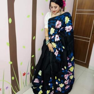 Handcrafted Half-Silk Saree with Artistic Print and Embroidery