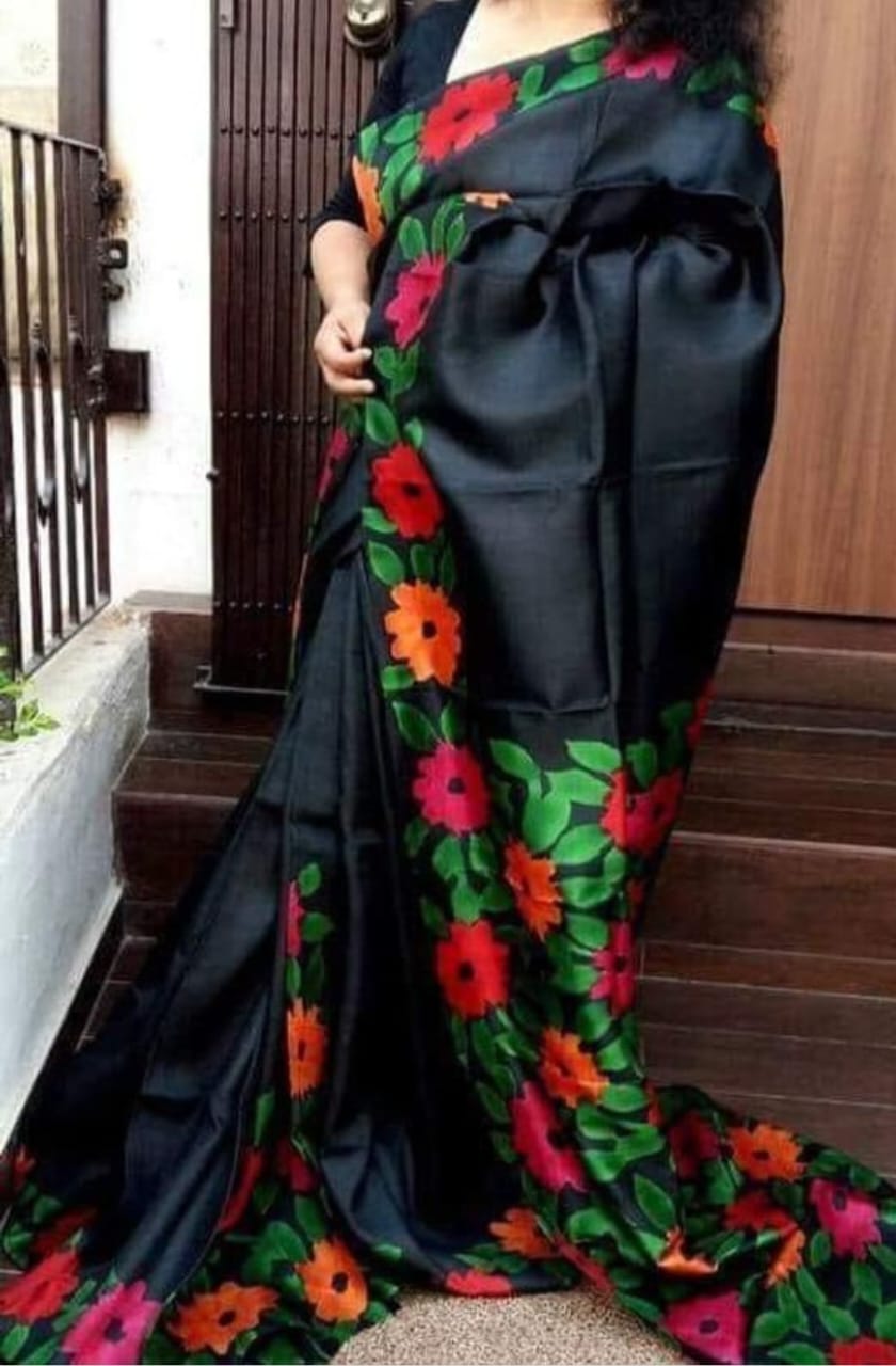 Handcrafted Half-Silk Saree with Artistic Print and Embroidery % Handcrafted Half-Silk Saree with Artistic Print and Embroidery