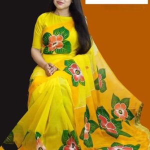 Handcrafted Half-Silk Saree with Artistic Print and Embroidery