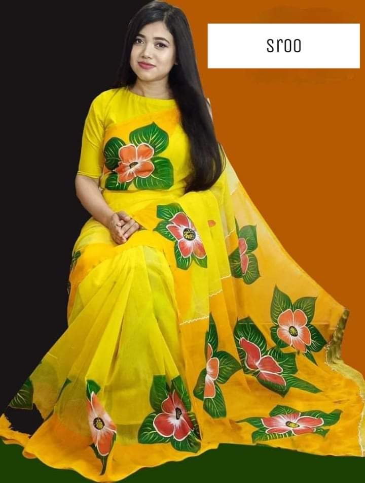 Handcrafted Half-Silk Saree with Artistic Print and Embroidery % Handcrafted Half-Silk Saree with Artistic Print and Embroidery