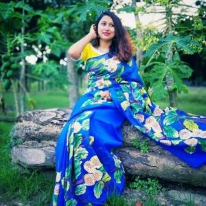 Handcrafted Half Silk Saree with Artistic Print and Embroidery