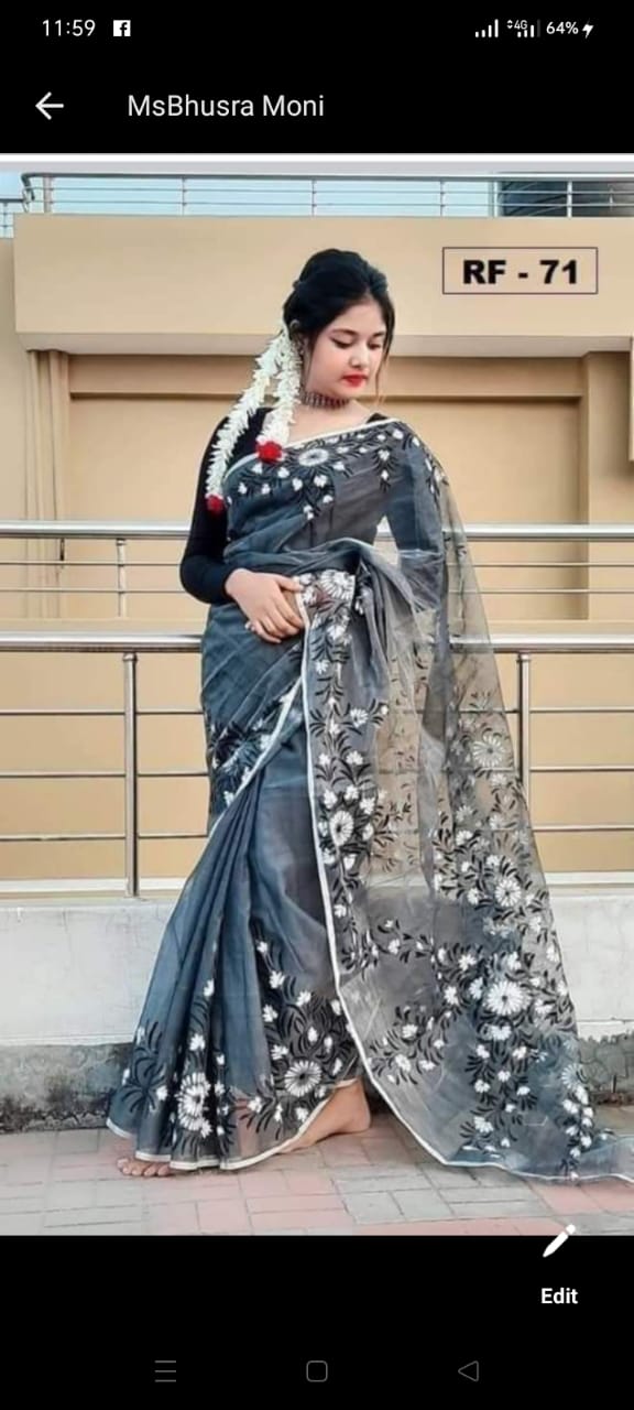Handcrafted Half Silk Saree with Artistic Print and Embroidery % Handcrafted Half Silk Saree with Artistic Print and Embroidery