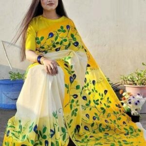 Handcrafted Half-Silk Saree with Artistic Print and Embroidery Details