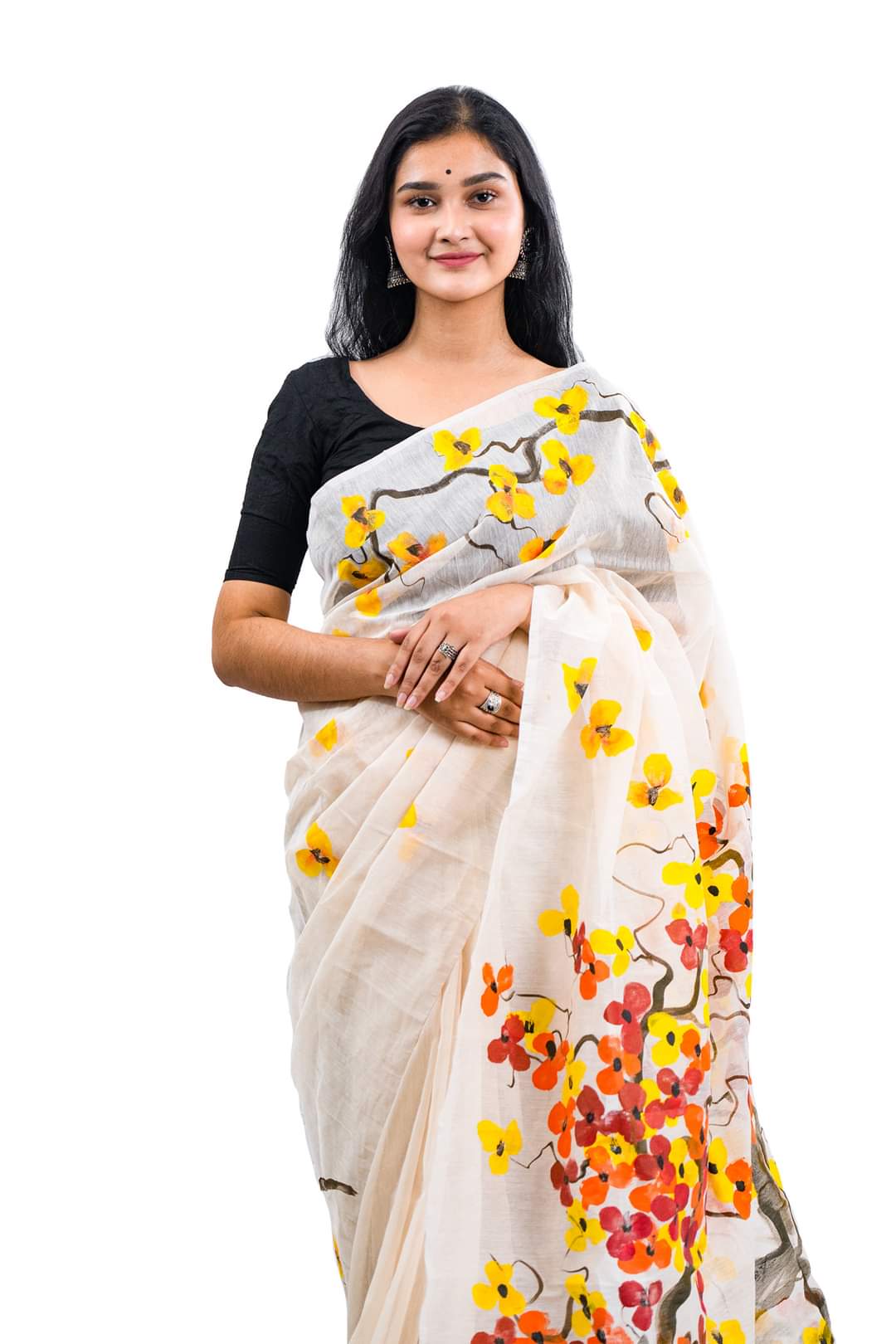 Handcrafted Half Silk Saree with Artistic Print Detailing % Handcrafted Half Silk Saree with Artistic Print Detailing