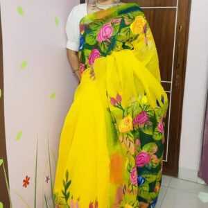 Handcrafted Half Silk Saree with Artistic Print Embellishments